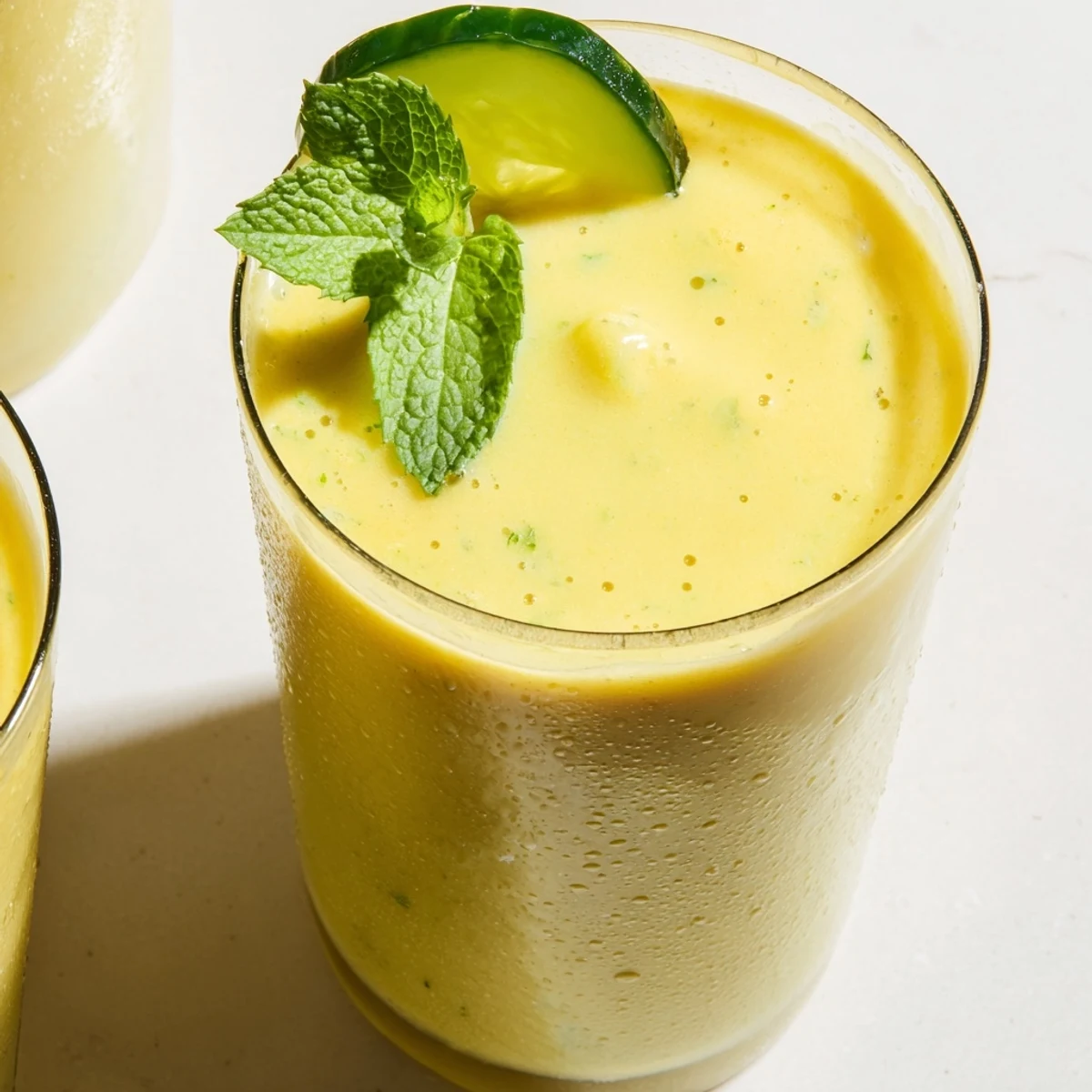 Creamy mango cucumber smoothie poured into a glass with fresh mint garnish