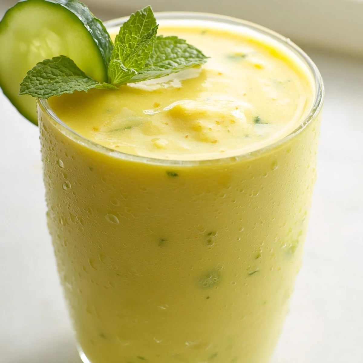 Thick mango cucumber smoothie blended with coconut water and topped with ice