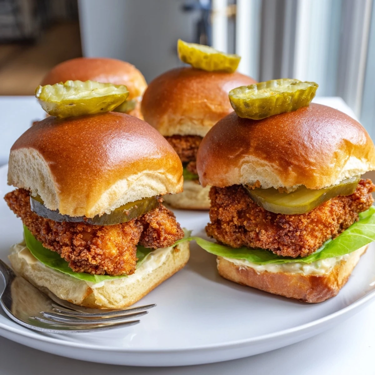 Golden crispy Pickle Brined Fried Chicken Sliders stacked on soft buns with pickles