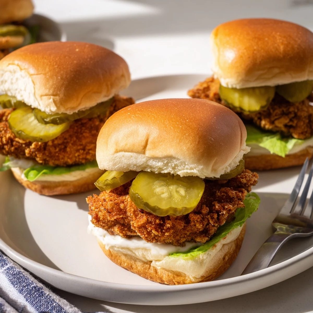 Crispy Pickle Brined Fried Chicken Sliders on toasted buns with lettuce and mayo