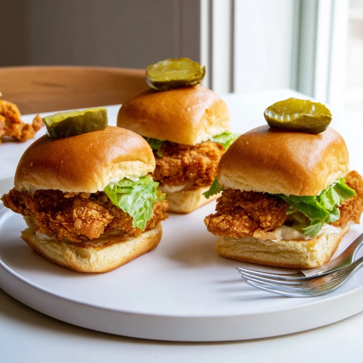Crackling golden Pickle Brined Fried Chicken Sliders nestled in fluffy buns with dill pickles