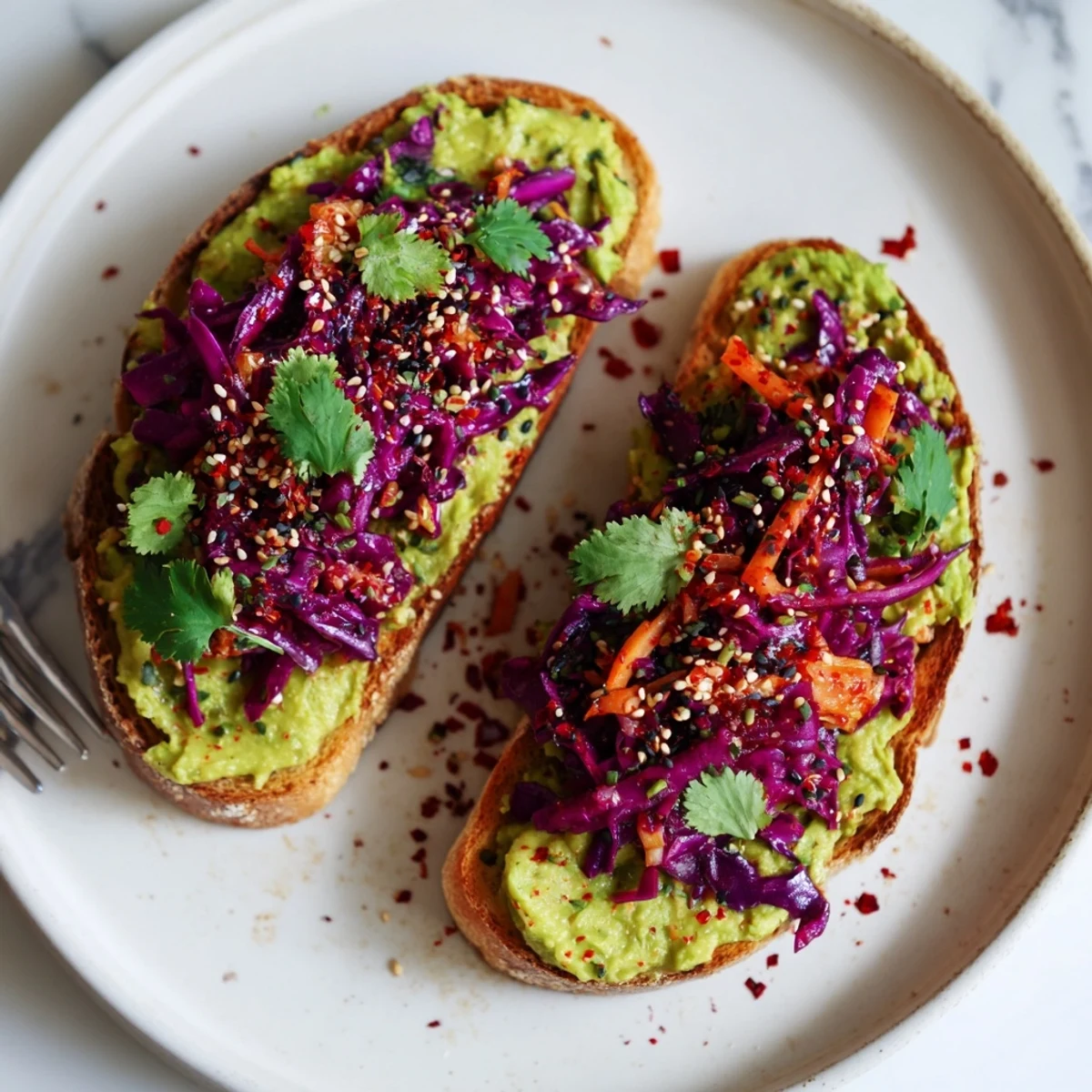 Golden crispy toast layered with green avocado and spicy tangy kimchi garnished with sesame seeds