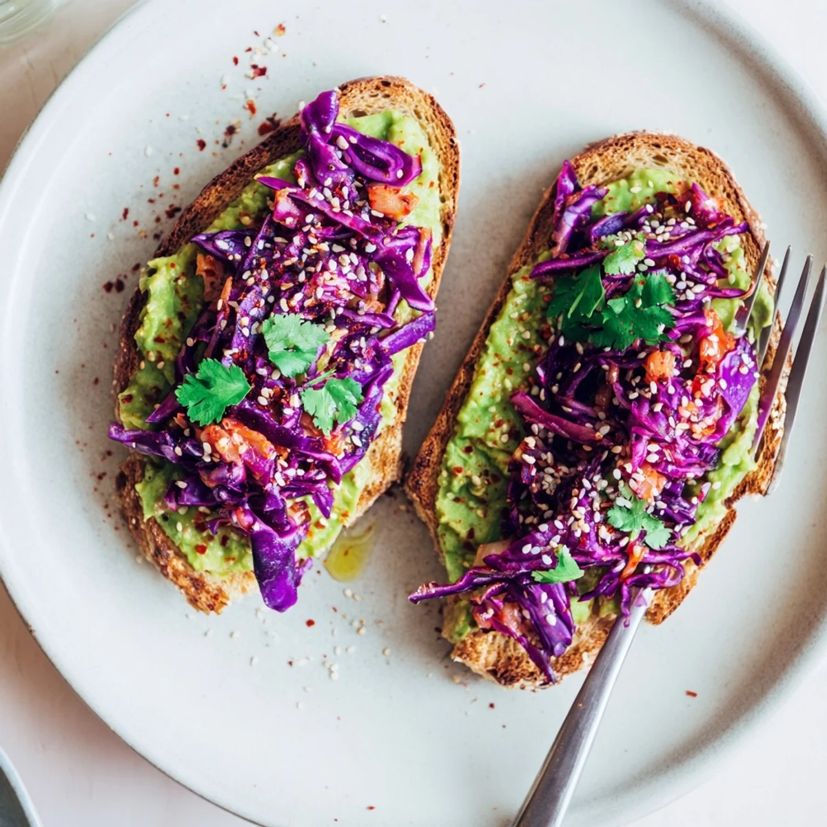 Creamy mashed avocado topped with vibrant red kimchi on golden sourdough toast