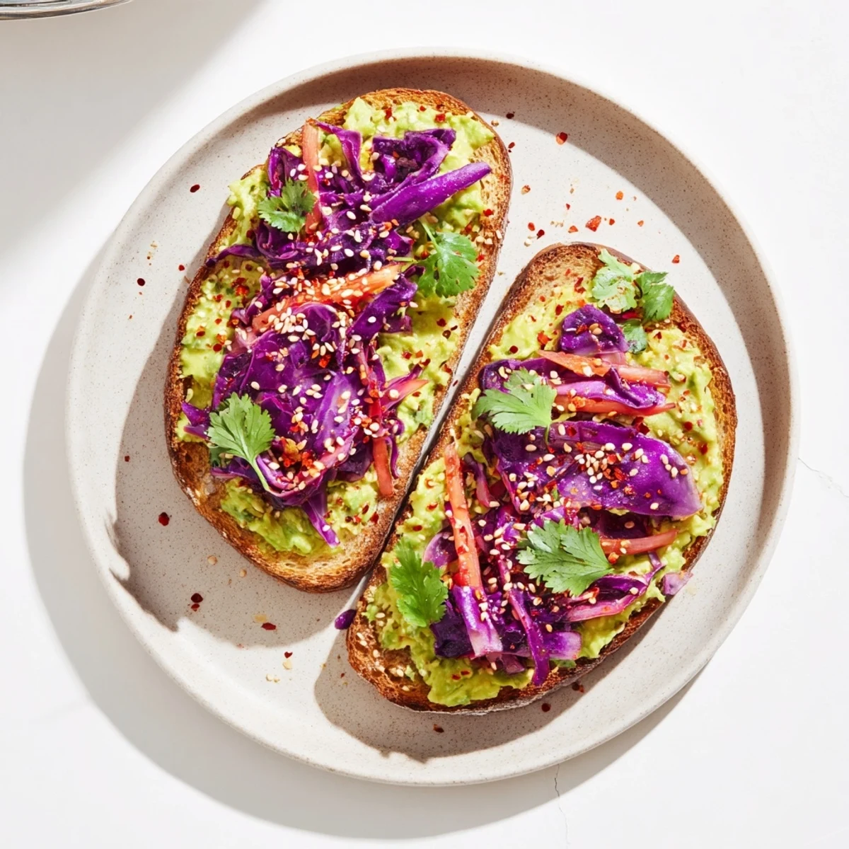 Rustic kimchi avocado toast drizzled with olive oil and sprinkled with red pepper flakes