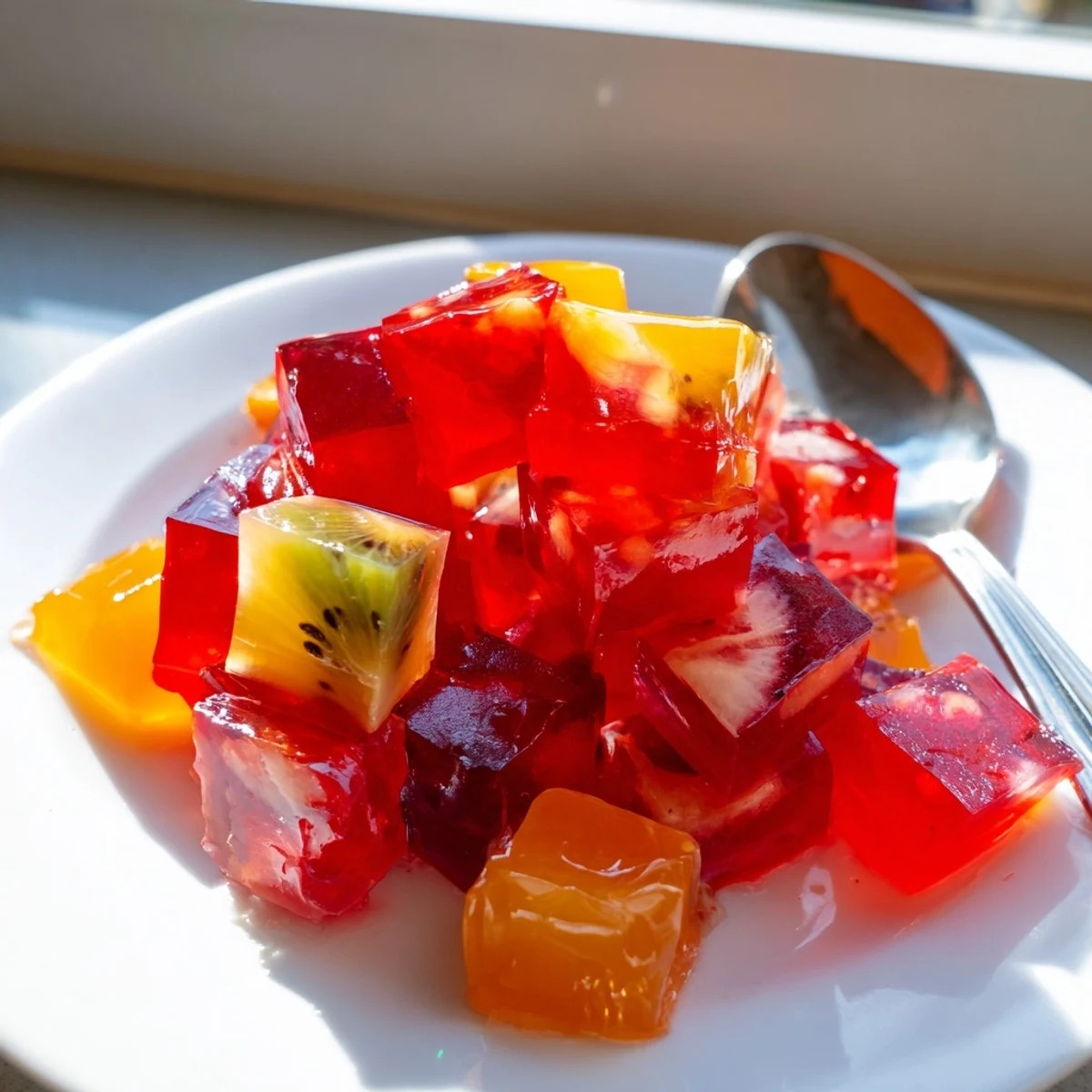 Colorful collagen fruit jellies arranged on a white plate, glistening with vibrant jewel-toned hues