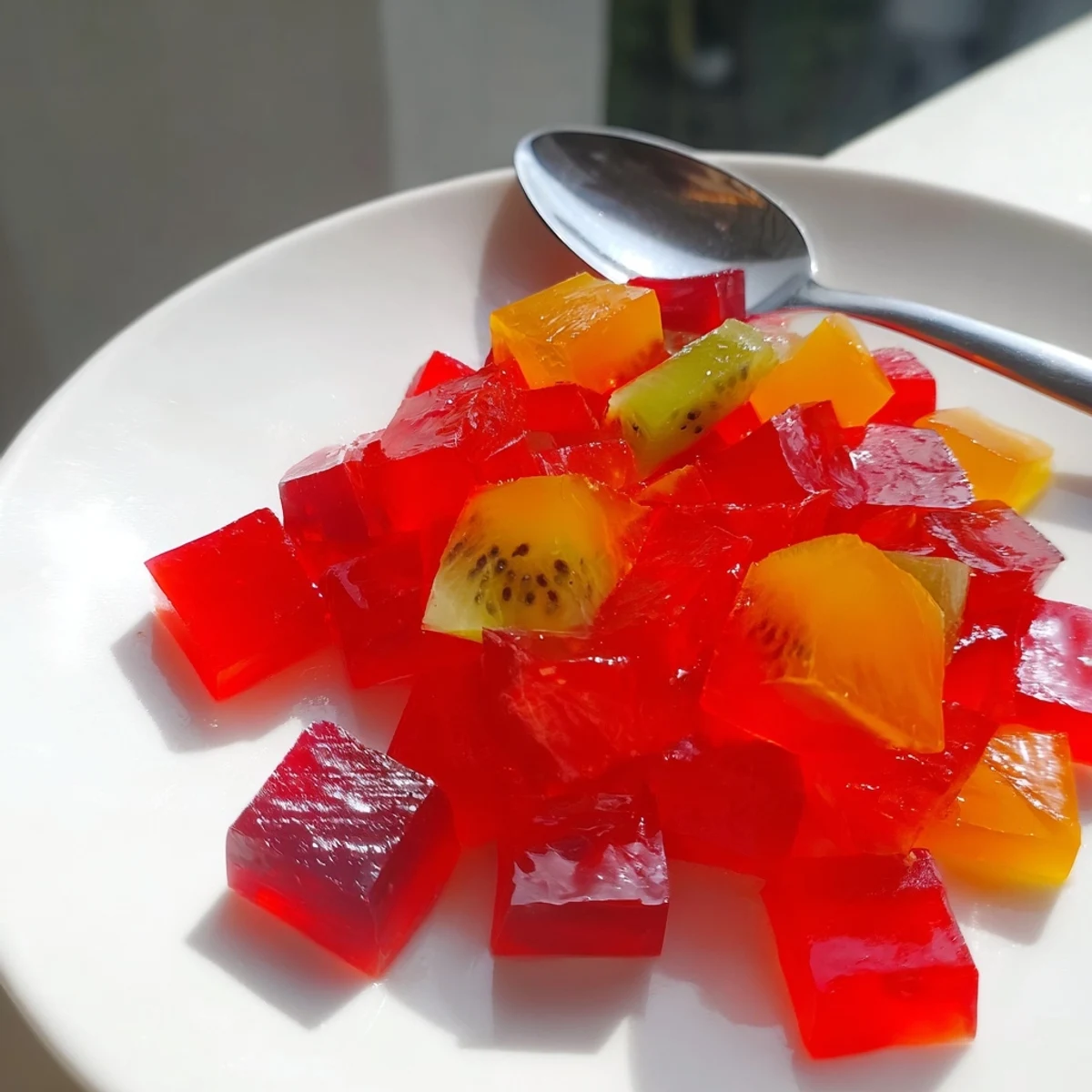 Homemade collagen fruit jellies cut into glossy cubes alongside fresh berries and mint leaves