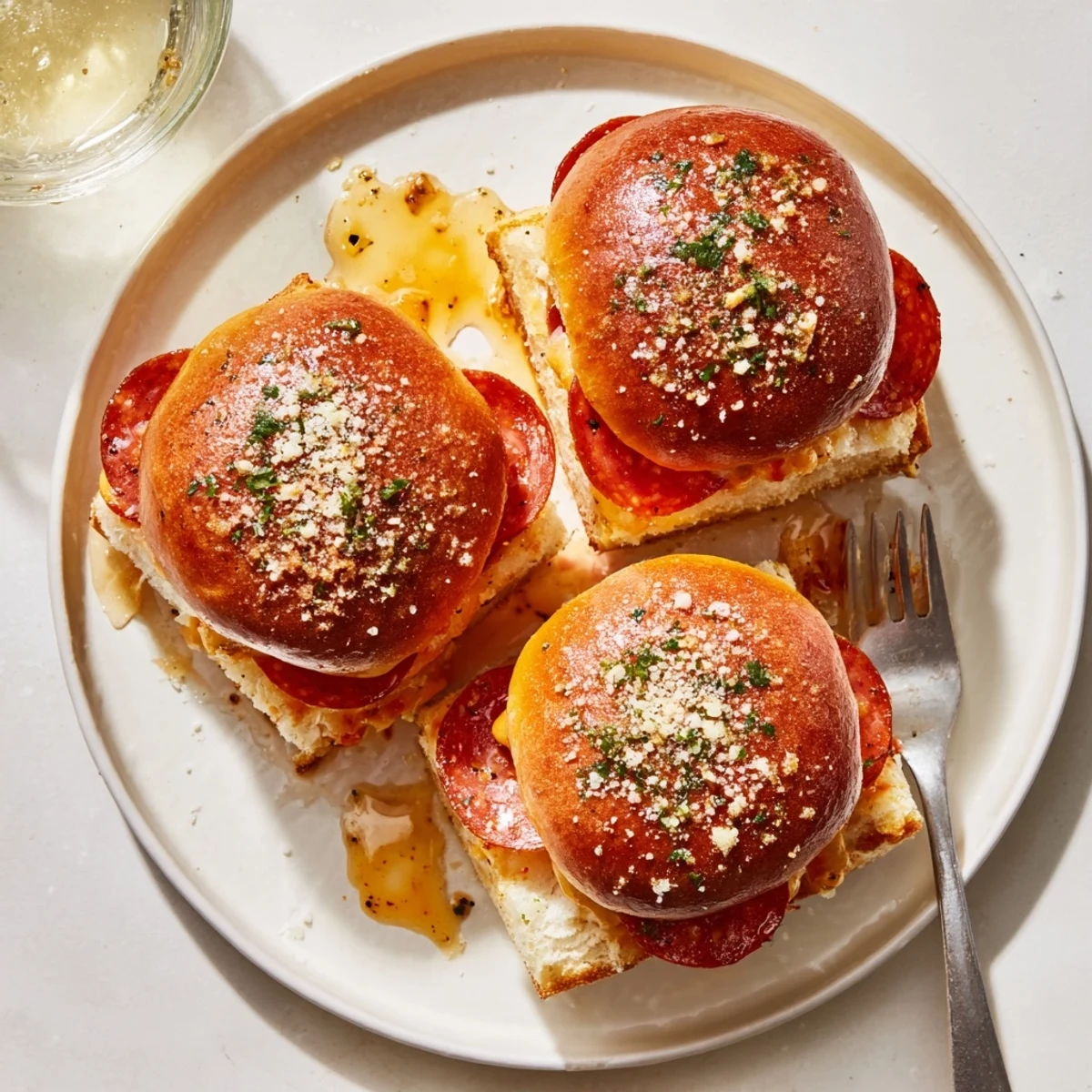 Golden hot honey pepperoni pizza sliders with gooey melted cheese on toasted rolls
