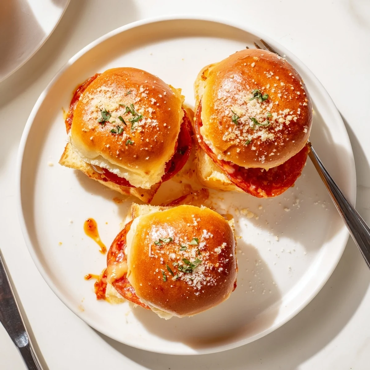 Hot honey pepperoni pizza sliders fresh from the oven with bubbling mozzarella tops