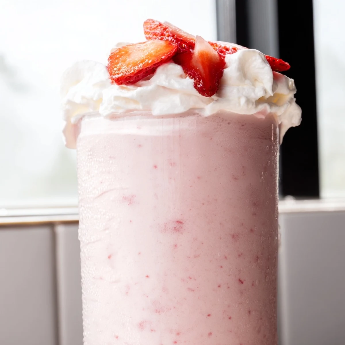 Blended strawberry milkshake garnished with fluffy whipped cream and ripe strawberry halves