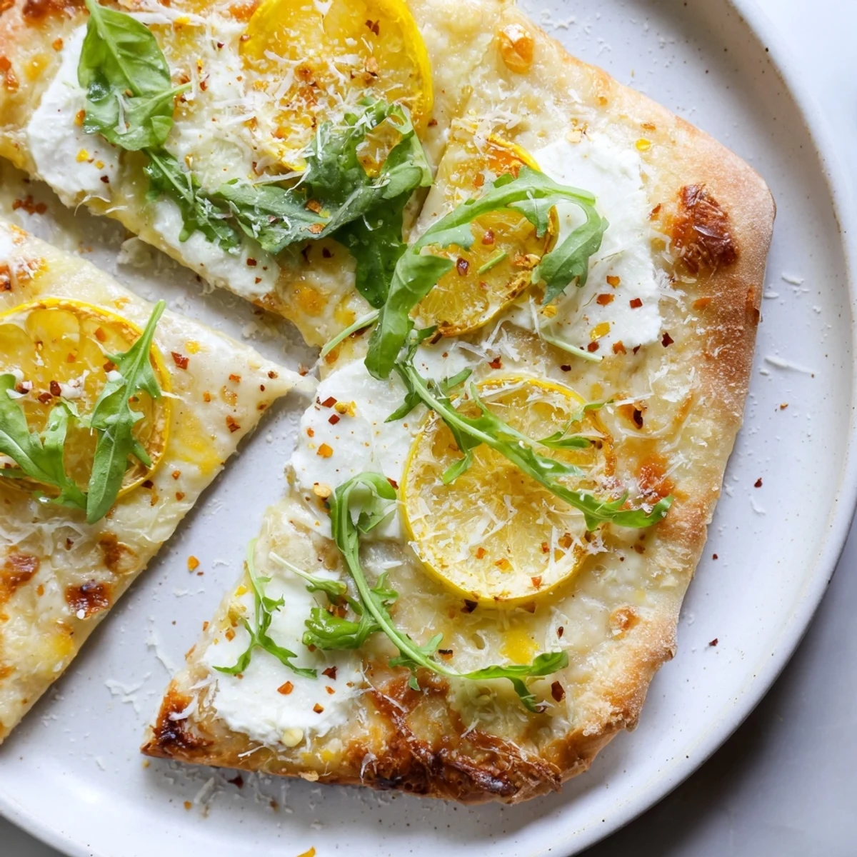 Golden zesty summer lemon pizza topped with fresh arugula and melted mozzarella
