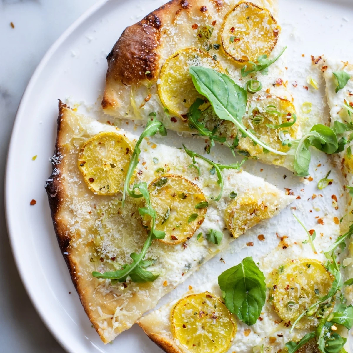 Crispy crust zesty summer lemon pizza garnished with torn basil and parmesan