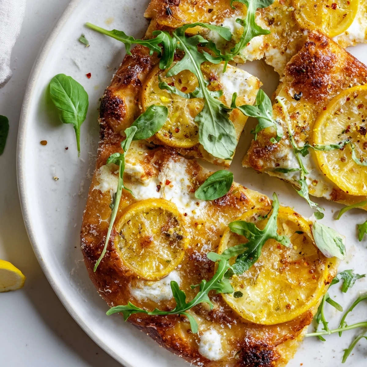 Creamy ricotta spread on zesty summer lemon pizza with caramelized lemon slices