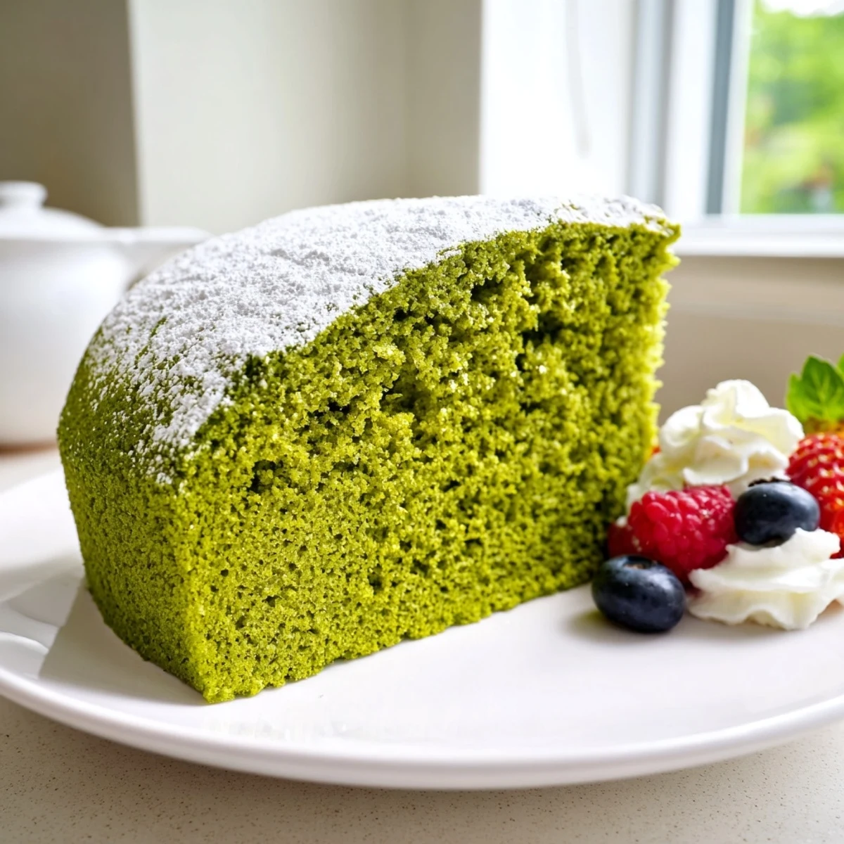 A slice of tender matcha cake dusted with powdered sugar on a white plate