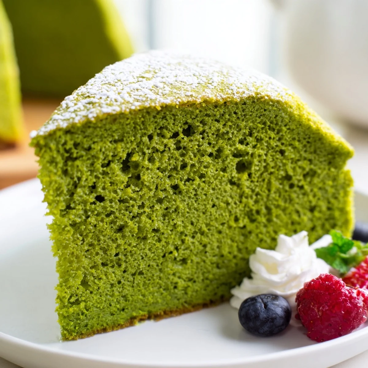 Vibrant green matcha cake served with fresh berries and a dollop of whipped cream