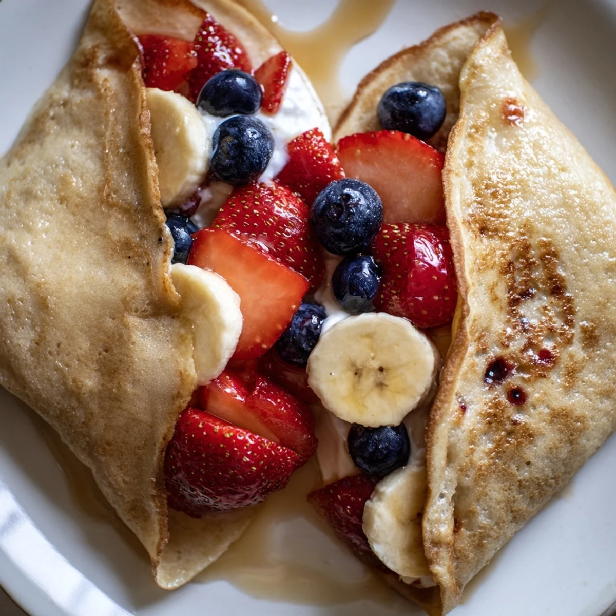Golden pancake tacos loaded with scrambled eggs and crumbled bacon