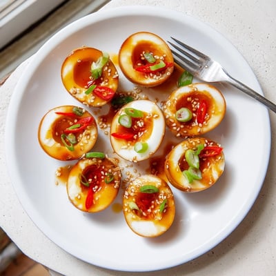 Korean Marinated Eggs halved on a plate, ready to serve over steamed rice.
