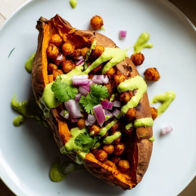 Fluffy baked Vegan BBQ Chickpea Sweet Potatoes filled with spicy chickpeas, cilantro, jalapeños, and red onion.