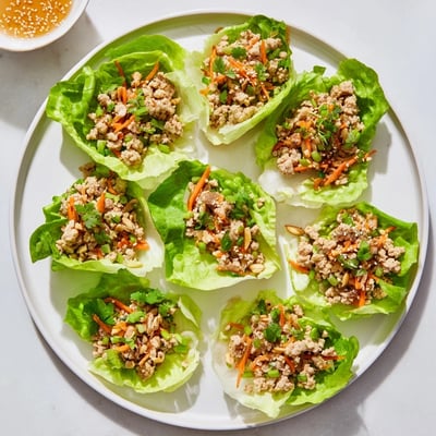 Bright, vibrant Potsticker Chicken Lettuce Boats are garnished with cilantro and sesame seeds, ready to serve with a warm, savory dipping sauce.
