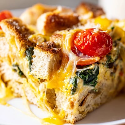 A slice of Cheesy Breakfast Strata With Roast Cherry Tomatoes reveals soft custardy bread, vibrant tomatoes, and fresh chives.