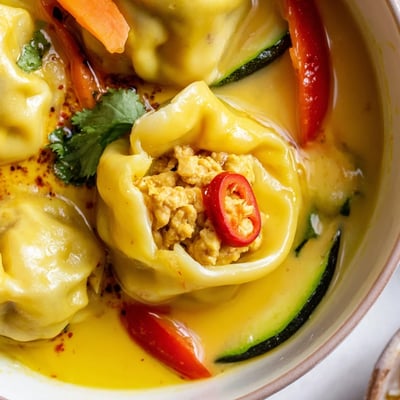 Photo of homemade Yellow Thai Curry Dumpling Soup served steaming in a ceramic bowl, revealing soft tofu-filled dumplings swimming in a rich, aromatic coconut curry broth with vibrant red bell pepper and zucchini.