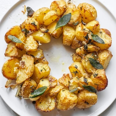Festive garlic roast potato and sage wreath arranged on a platter, perfect for holiday side dish recipes.