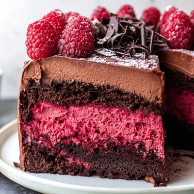 Heavenly raspberry chocolate mousse cake with silky layers and a dusting of powdered sugar