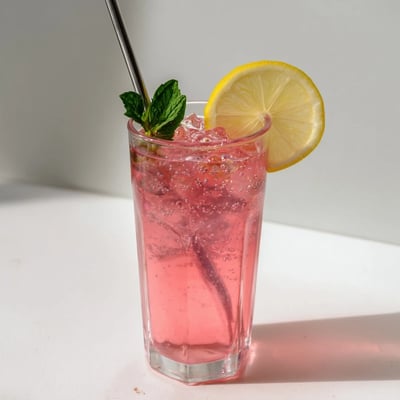 Sparkling Honey Lemon Pink Soda topped with raspberry syrup and lemon slices