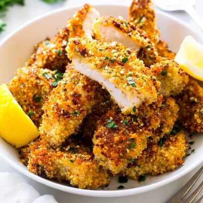 Sizzling Paprika Parmesan Chicken plated with bright lemon wedges and fresh parsley