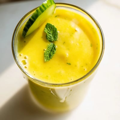 Vibrant yellow mango cucumber smoothie served chilled in two tall glasses