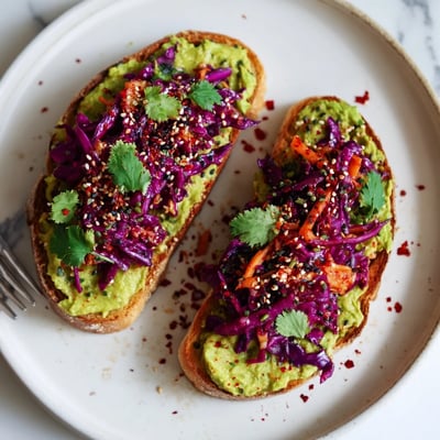 Golden crispy toast layered with green avocado and spicy tangy kimchi garnished with sesame seeds
