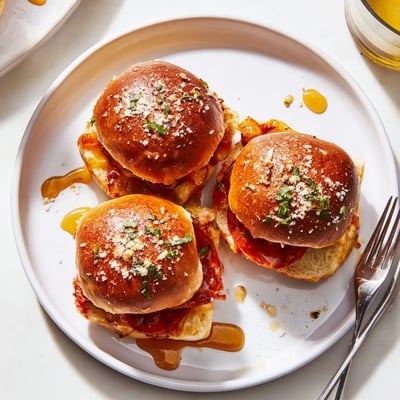 Crispy pepperoni pizza sliders drizzled with sweet and spicy honey glaze